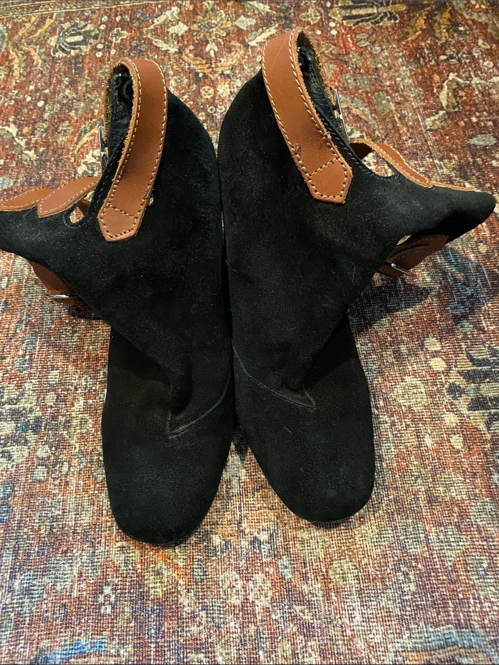 Anthropologie/Pied Juste Black Suede Ankle Boots with Tan Buckle Straps. Size 9 - Picture 6 of 11